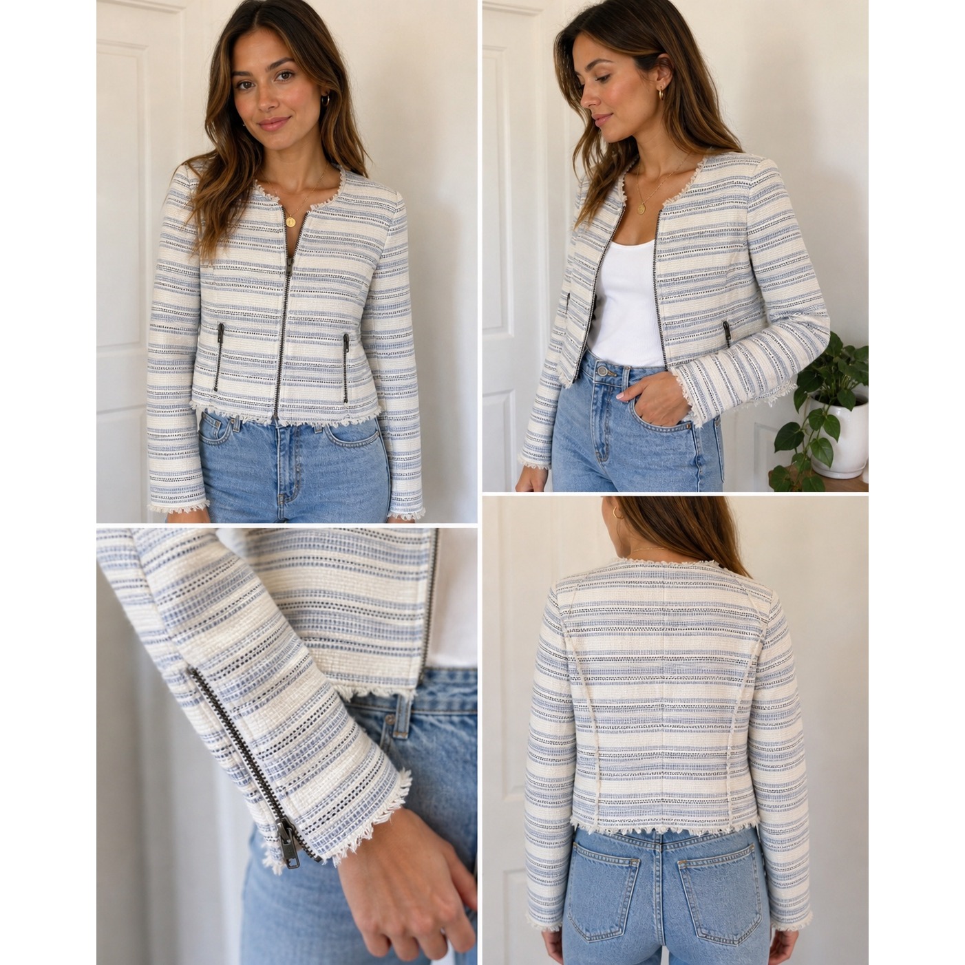 Joie Womens Cropped Striped Tweed Zip Front Jacket Blue Cream Cotton Size M